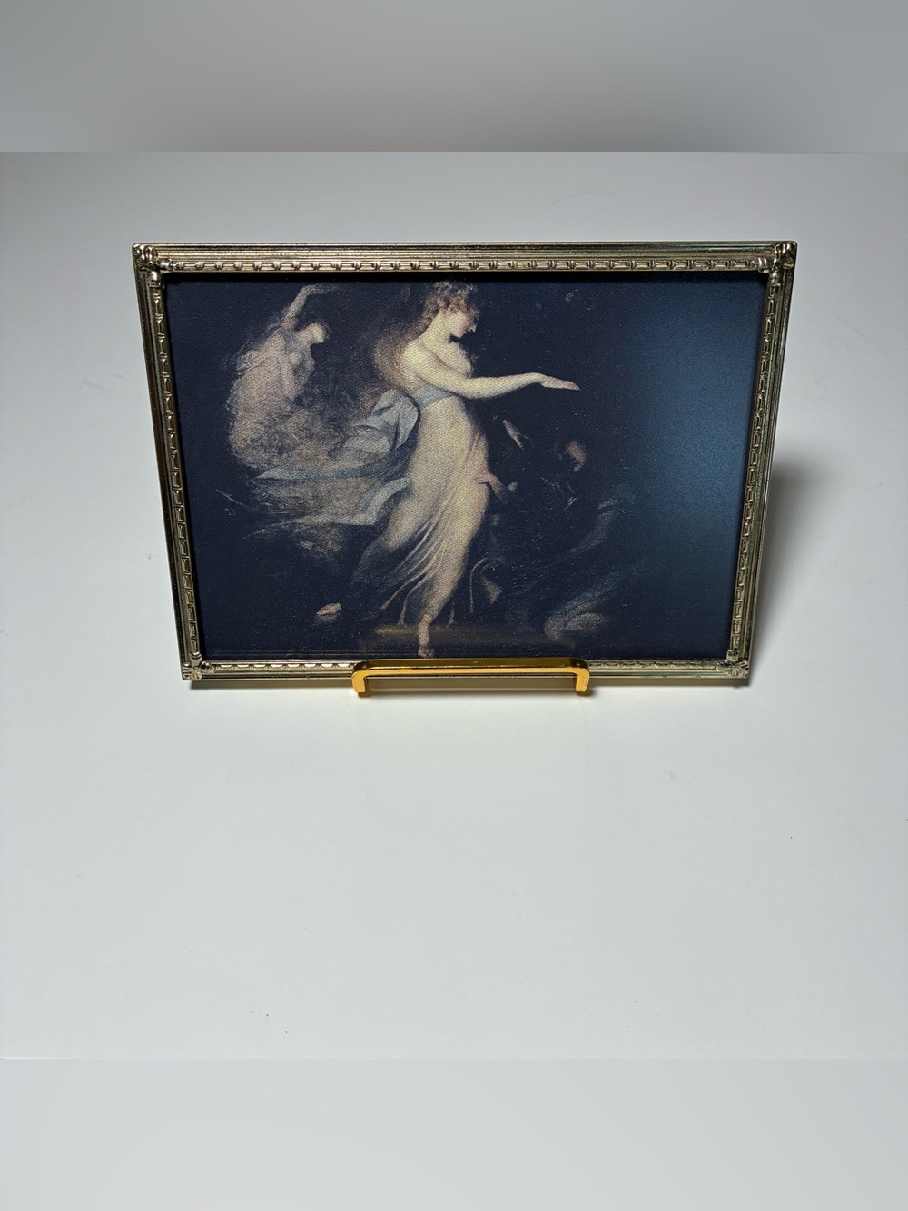 Vintage Ornate Gold Tone Photo Frame with Female Figure Print on Canvas – 5" x 7
